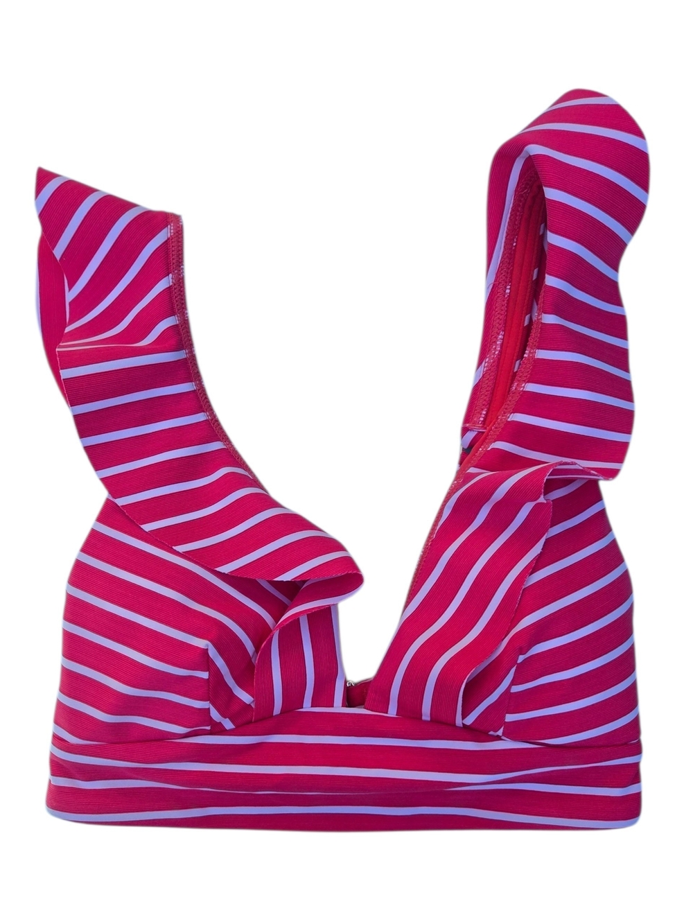 Ruffled Stripe V-Neck Bikini Top - Fuchsia/white